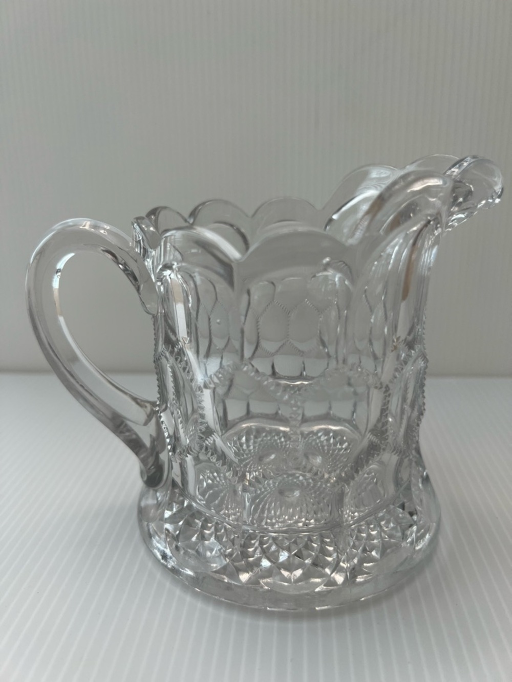Vintage Creamer/Pitcher Thumbprint Clear Pressed Glass, Scalloped Rim - Picture 2 of 6
